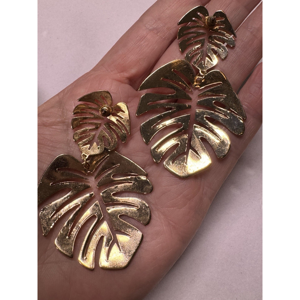 Large Tropical Leaf Earrings Monsteara Deliciosa Gold Tone Cutwork Foliage 2.75"